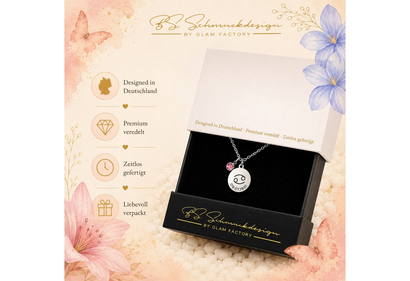 BS Schmuckdesign Kette mit Anhänger mit Gravur Personalisierte Halskette Damen Sternzeichen Name Datum Gravur (persönliche Gravur), inkl. Geschenkbox – Bild 4 von 5