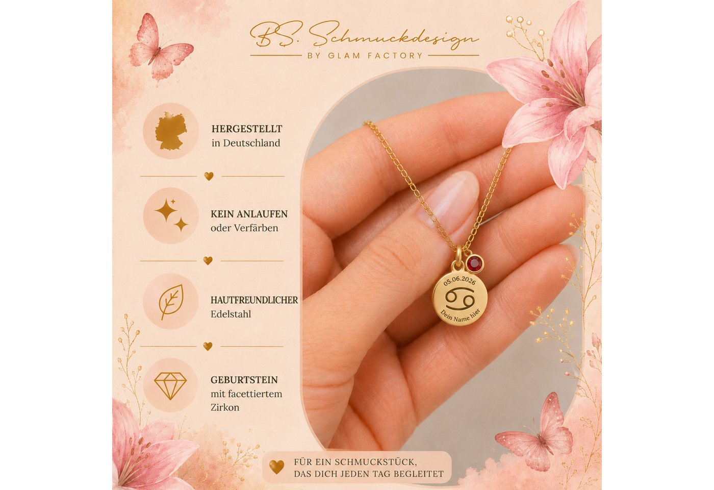 BS Schmuckdesign Kette mit Anhänger mit Gravur Personalisierte Halskette Damen Sternzeichen Name Datum Gravur (persönliche Gravur), inkl. Geschenkbox – Bild 5 von 5