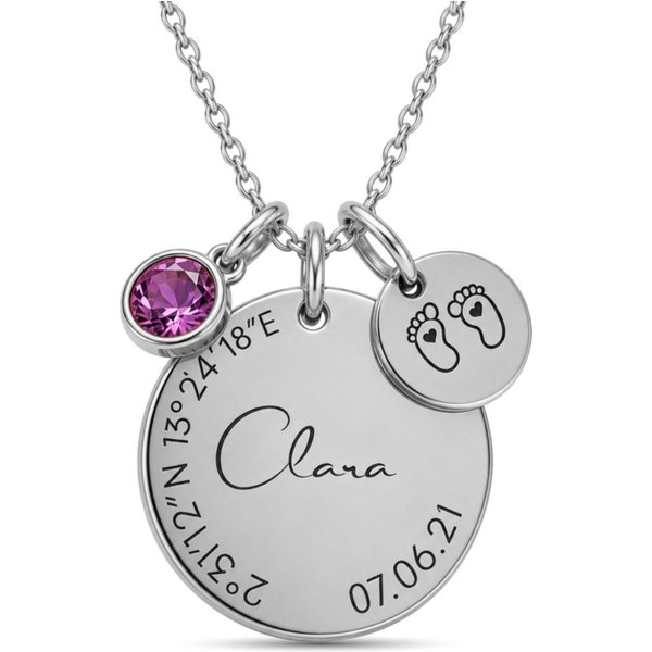BS Schmuckdesign Kette mit Anhänger mit Gravur Personalisierte Halskette Damen Gravur Geburtsstein Koordinaten (inkl. Gravur), vollständig personalisierbar inkl