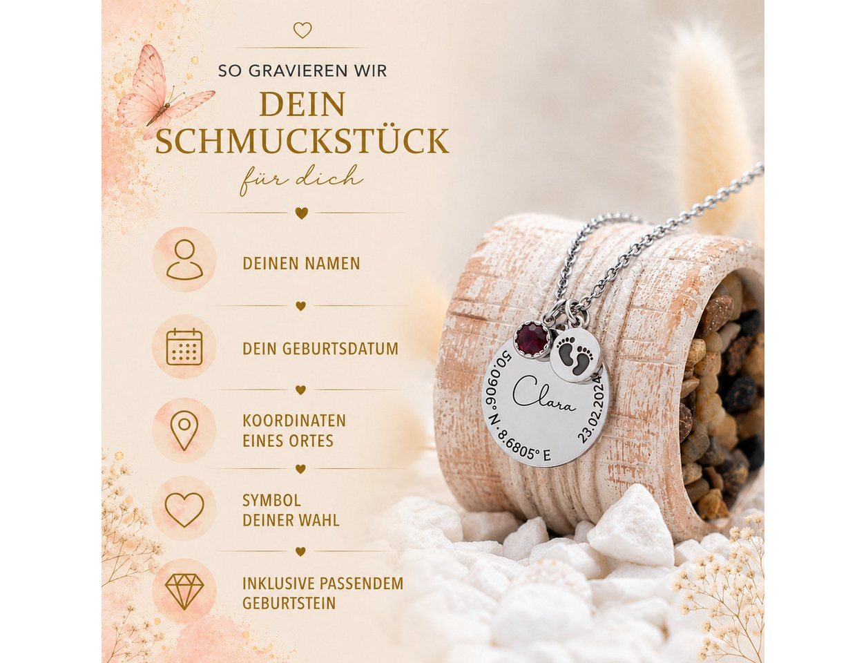 BS Schmuckdesign Kette mit Anhänger mit Gravur Personalisierte Halskette Damen Gravur Geburtsstein Koordinaten (inkl. Gravur), vollständig personalisierbar inkl – Bild 2 von 5