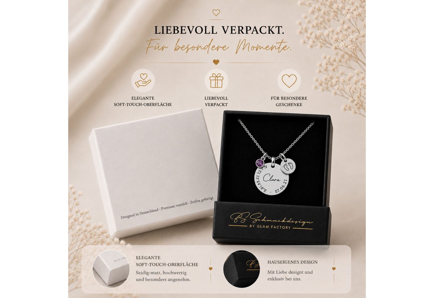 BS Schmuckdesign Kette mit Anhänger mit Gravur Personalisierte Halskette Damen Gravur Geburtsstein Koordinaten (inkl. Gravur), vollständig personalisierbar inkl – Bild 4 von 5