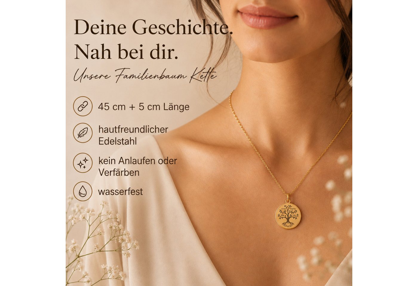 BS Schmuckdesign Kette mit Anhänger mit Gravur Personalisierte Familienkette Lebensbaum Namenskette aus Edelstahl (inkl. Gravur), personalisiert inkl. Geschenkb – Bild 3 von 5