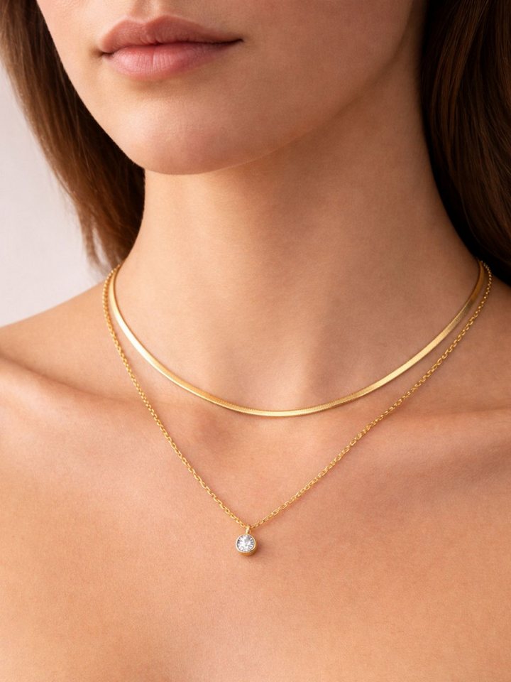 BS Schmuckdesign Statementkette Halskette Damen Layerkette mehrreihig Kristall Anhänger vergoldet (inkl. Geschenkbox), 18K vergoldet, hypoallergen & wasserfest – Bild 2 von 5