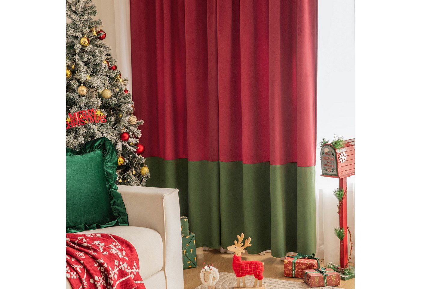 BTTO V&G Gardine Vorhang Samt Blickdicht,Weihnachtsvorhänge,Verdunkelungsvorhang (2 St), verdunkelnd, Thermogardine,Rote und Grüne Farbkombination – Bild 3 von 5