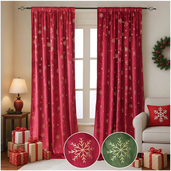 BTTO V&G Vorhang Verdunkelungsvorhang,Samt Velvet Gardinen Weihnachten Schneeflocke (2 St), blickdicht, Weihnachtsvorhänge,Thermogardine mit Schneeflocken Goldf