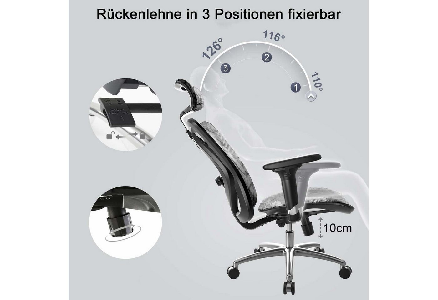 SIHOO Bürostuhl SIHOO-J87, Rückenlehne in Höhe und horizontal verstellbar – Bild 4 von 5
