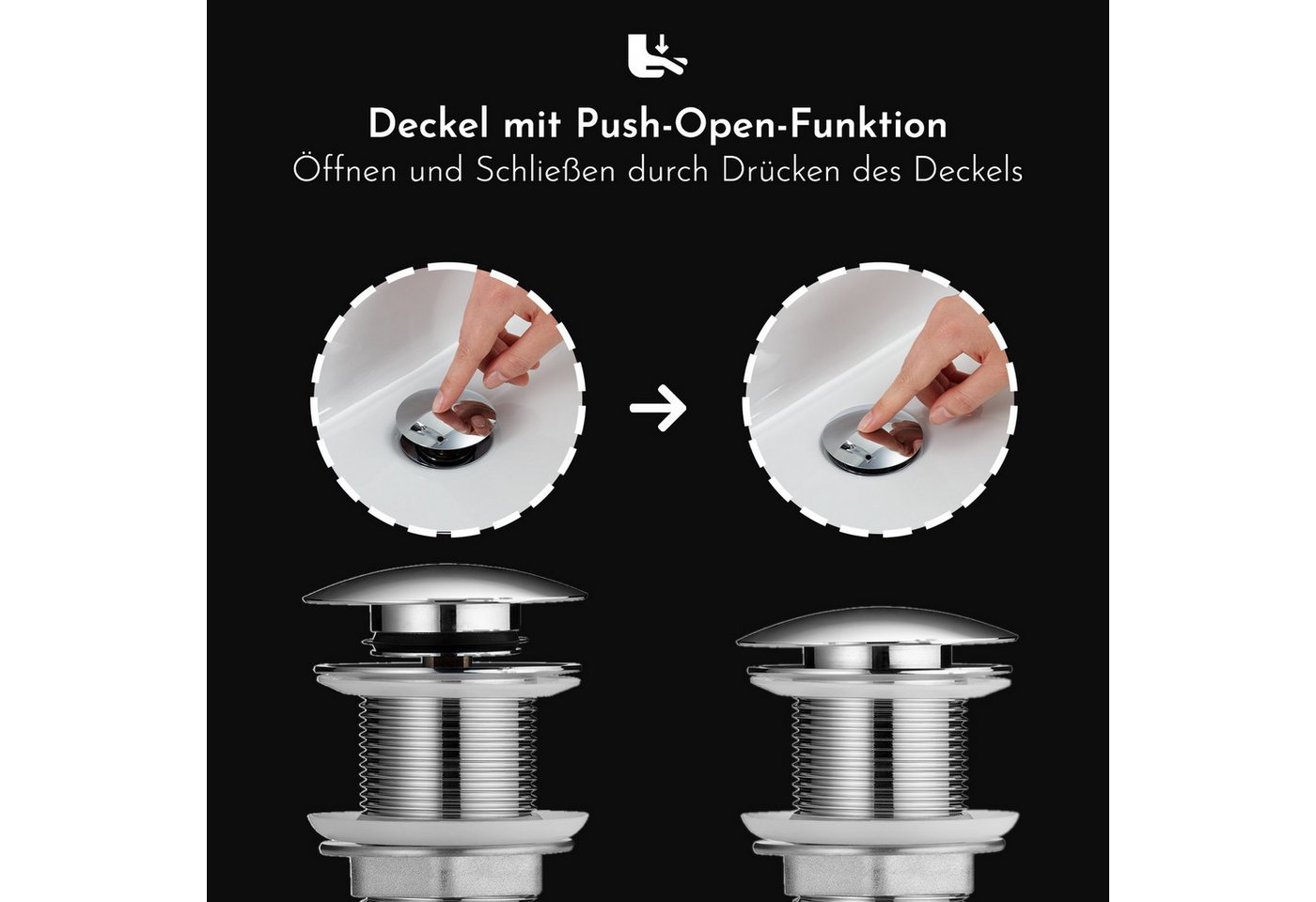 Bürstenking Ablaufgarnitur Ø 63/66 mm – Push-Open Ablaufventil - mit & ohne Überlauf & Haarsieb Push-Open / Pop-Up – Bild 4 von 5