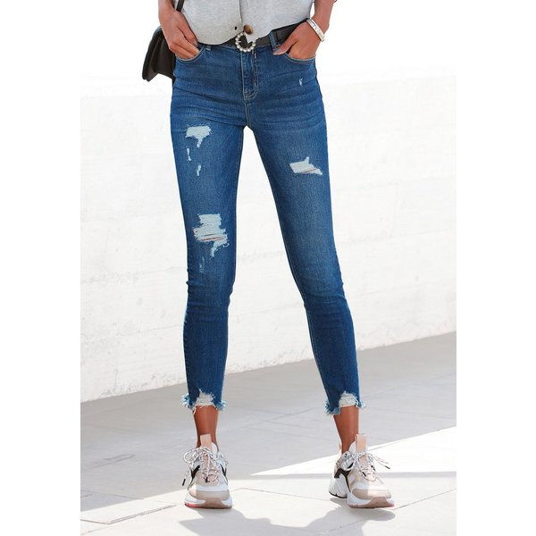 Buffalo Destroyed-Jeans mit ausgefransten Saumabschlüssen aus bequemer Baumwollmischung mit ausgefranstem Beinabschluss und Stretchanteil, schmale Passform