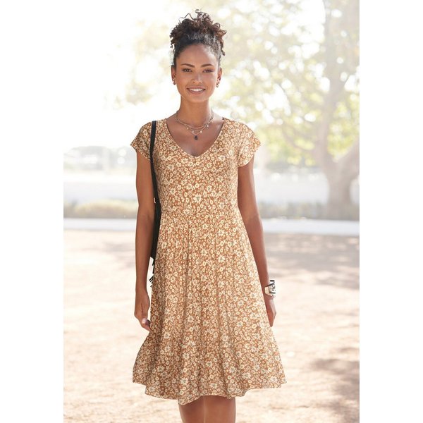 Buffalo Jerseykleid mit Blümchenprint und V-Ausschnitt Kurzes Sommerkleid, Strandkleid, Druckkleid, Blumenkleid