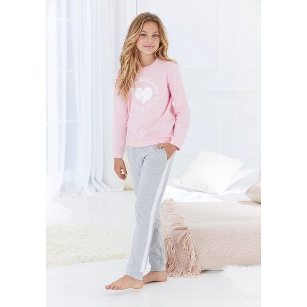 Buffalo Pyjama (2 tlg., 1 Set) langer Schlafanzug, unifarben mit Herzdruck, aus Baumwolle