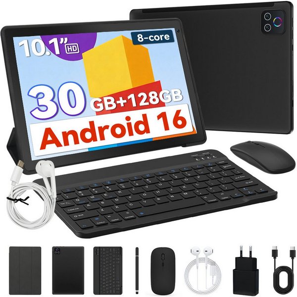 BUFO 10.1 Zoll Android, 4GB/6GB+128GB, 1280x800 HD, incl. Hülle Set Tablet (10", 128 GB, Android 16, Octa core mit Tastatur, Stift, Maus, Hülle, Kopfhörer, WiFi