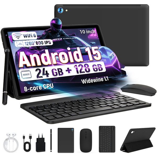 BUFO 10.1 Zoll Android, 4GB/6GB+128GB, 1280x800 HD, incl. Hülle Set Tablet (10", 128 GB, Android 15, Octa core mit Tastatur, Stift, Maus, Hülle, Kopfhörer, WiFi