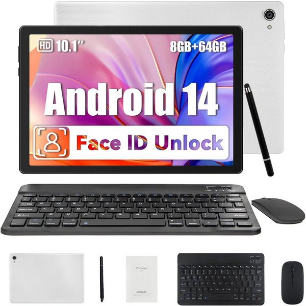 BUFO 10,1 Zoll 64GB erweiterbar auf 1TB mit Maus, Tastatur und Stylus Tablet (10", 64 GB, Android 14, 2,4G/5G WiFi, Android 14, 5000mAh, Gesichtsentsperrung, 12