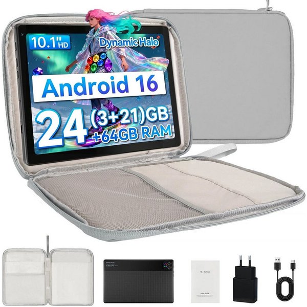 BUFO 10-Zoll-Tablet, 64GB, Android 16, HD IPS-Touchscreen, 6000mAh Tablet (10", 64 GB, Android 16, WiFi, mit Praktischen Tasche, Android 16, 24 (3+21) GB RAM)