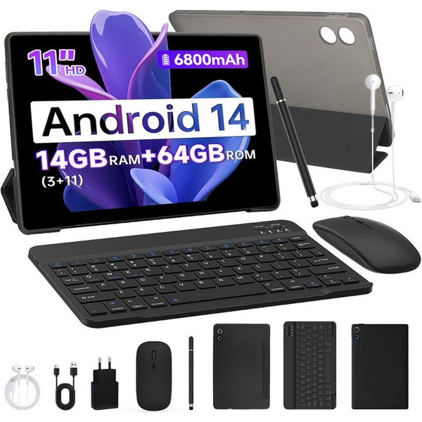 BUFO 11 Zoll Octa-Core 14(3+11)GB RAM+64GB 6800mAh, mit Tastatur Maus Stift Tablet (11", 64 GB, Android, AIC8800D80 802.11 a/b/g/n/ax/ac (WiFi 6) + BT5.3, Andro