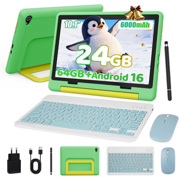 BUFO Android 16 10-Zoll, 24(3+21) GB RAM + 64 GB ROM (TF Expand 1TB) Kinder Tablet (10", 64 GB, Android 16, WiFi 6, mit Tastatur/Maus/Stift, Augenschutz-Tablet 