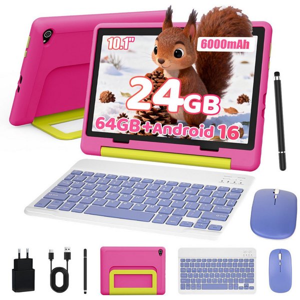 BUFO Android 16 10-Zoll, 24(3+21) GB RAM + 64 GB ROM (TF Expand 1TB) Kinder Tablet (10", 64 GB, Android 16, WiFi 6, mit Tastatur/Maus/Stift, Augenschutz-Tablet 