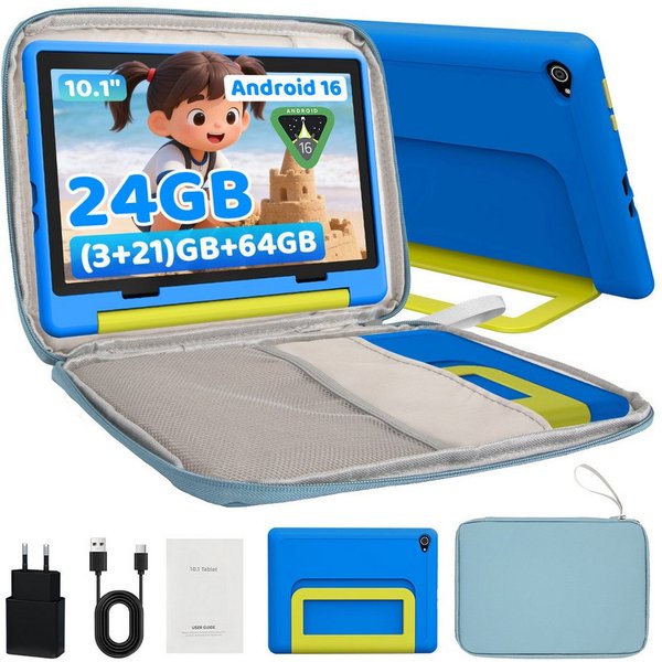 BUFO Kinder Lern-Tablet mit Elternkontrolle 10'' Android 16, 64GB Tablet (10", 64 GB, Android 16, Kids Bumper blau)