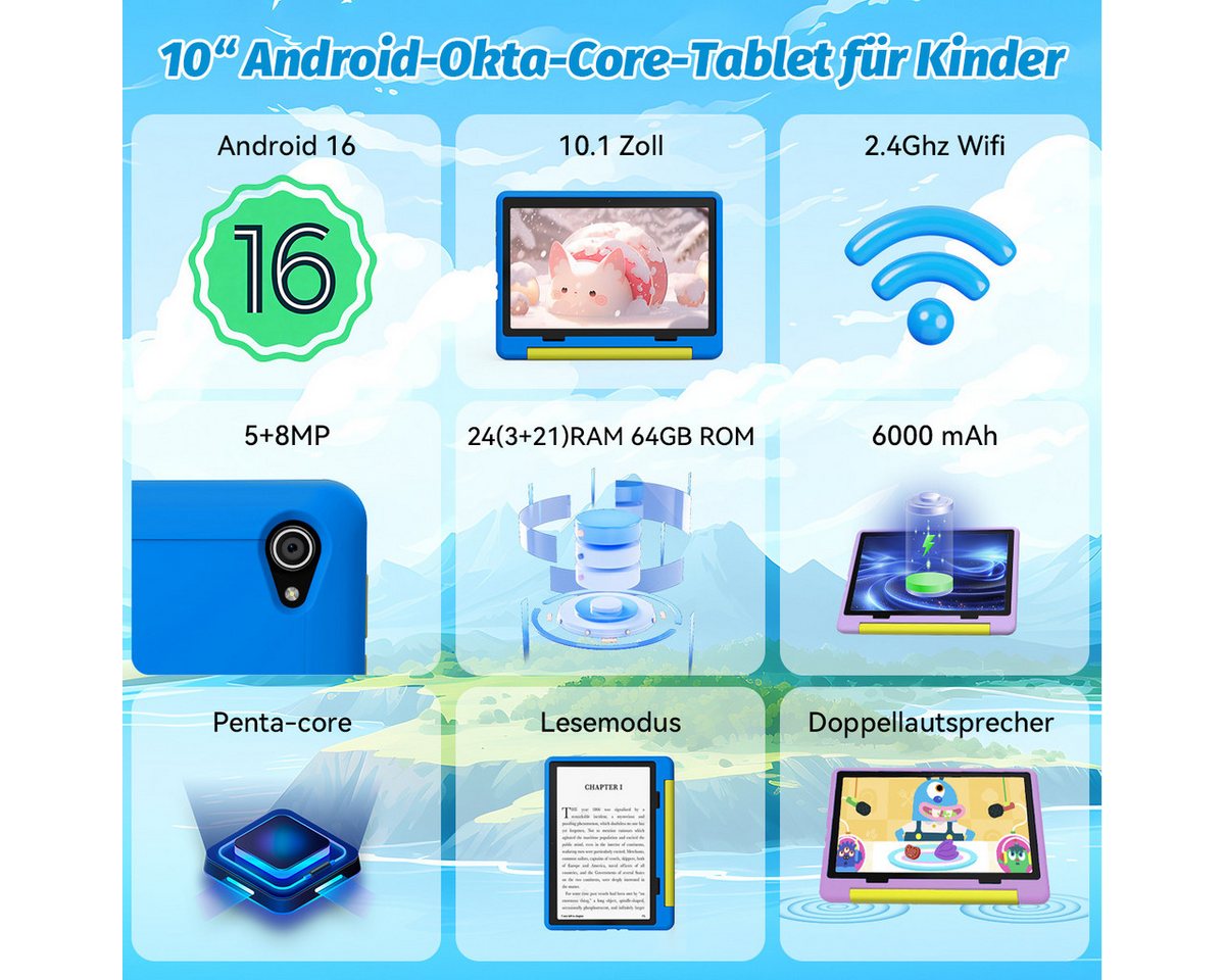 BUFO Kinder Lern-Tablet mit Elternkontrolle 10'' Android 16, 64GB Tablet (10", 64 GB, Android 16, Kids Bumper blau) – Bild 4 von 5