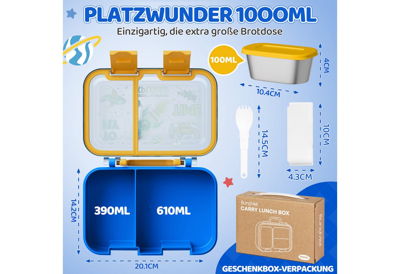 Bundviel Lunchbox Lunchbox Brotdose Kinder mit Fächern Auslaufsichere Bento-Box Brotdose, PP+ABS, (4-tlg., mit Saucenbehälter), spülmaschinenfest, kühlschrankge – Bild 2 von 5