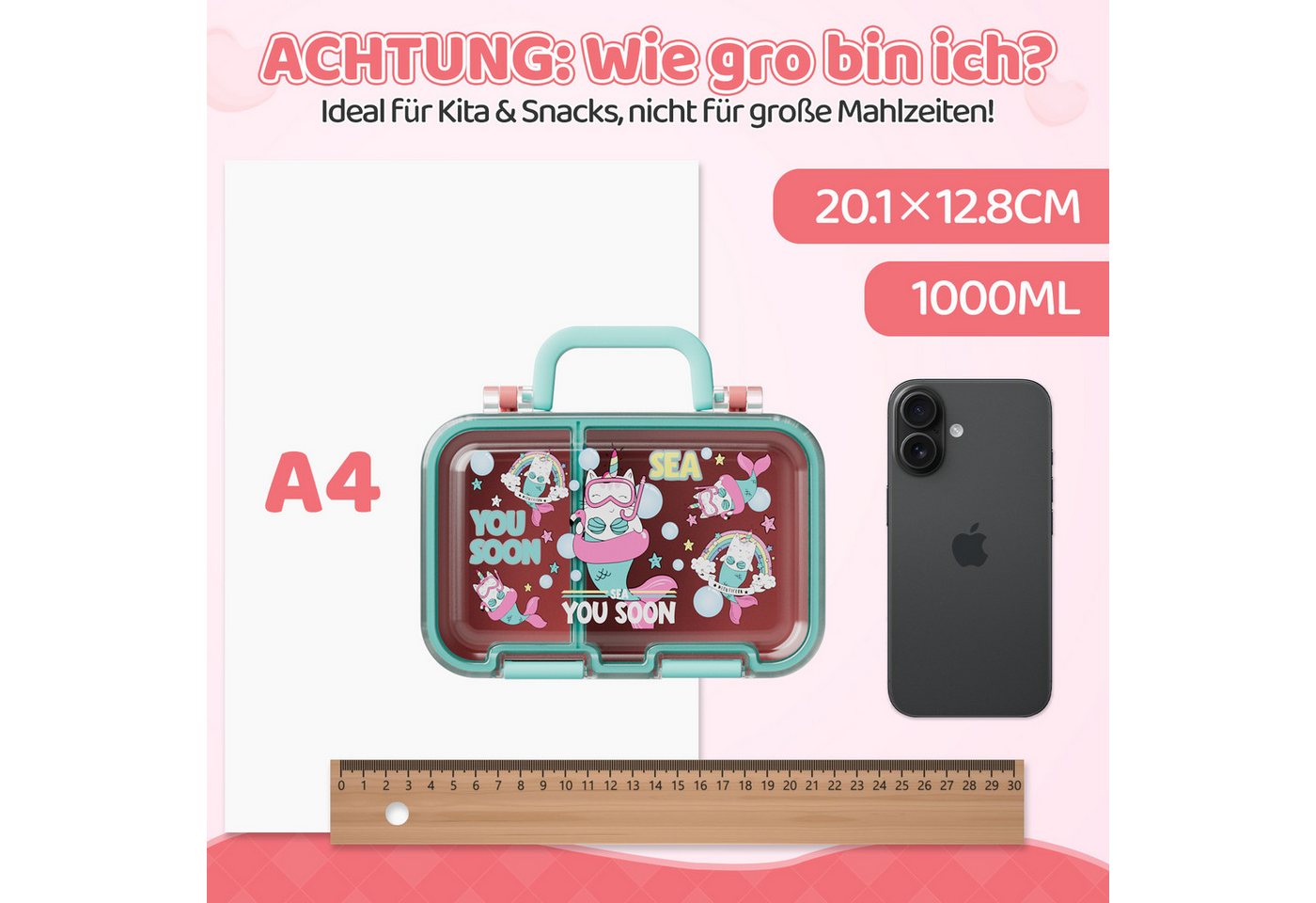 Bundviel Lunchbox Lunchbox Brotdose Kinder mit Fächern Auslaufsichere Bento-Box Brotdose, PP+ABS, (4-tlg., mit Saucenbehälter), spülmaschinenfest, kühlschrankge – Bild 4 von 5