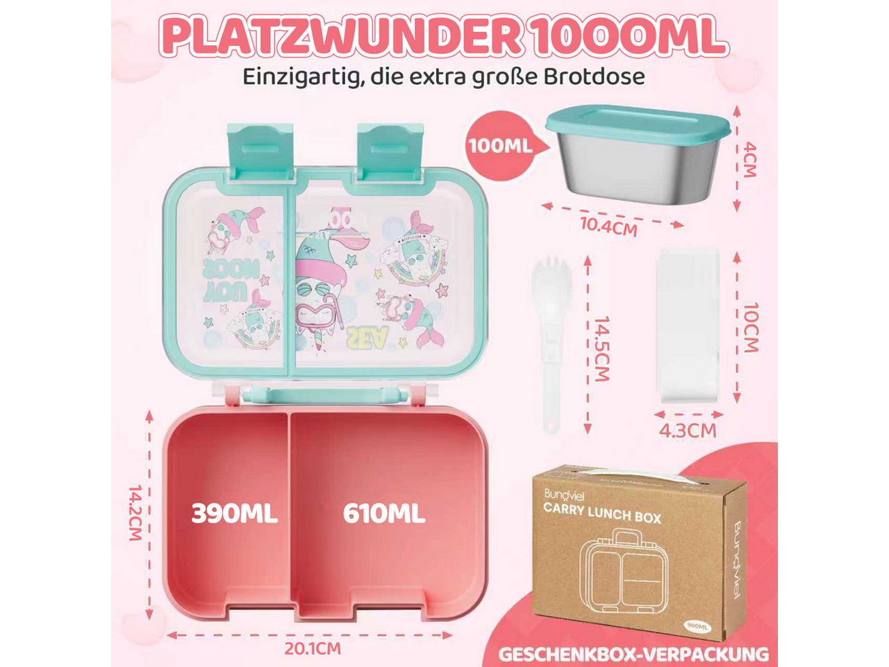 Bundviel Lunchbox Brotdose Kinder mit Fächern Bento Box Auslaufsicher Lunchbox – Bild 2 von 5