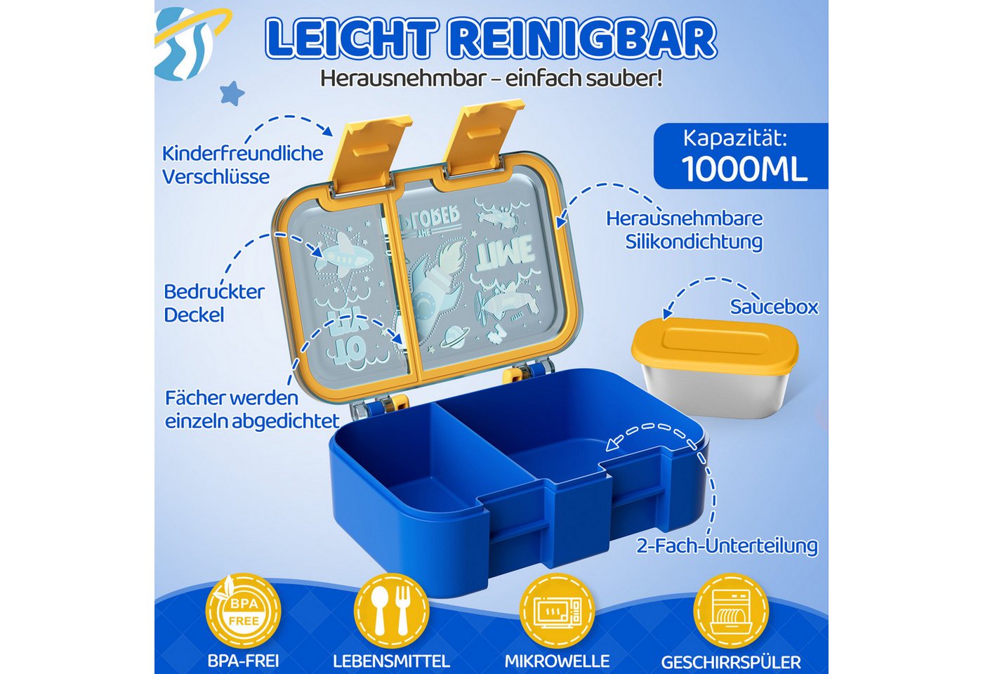 Bundviel Lunchbox Brotdose Kinder mit Fächern Bento Box Auslaufsicher Lunchbox, PP+ABS, (mit 100ml Edelstahl-Dippschale, Kindergarten und Schule - Mädchen und J – Bild 3 von 5