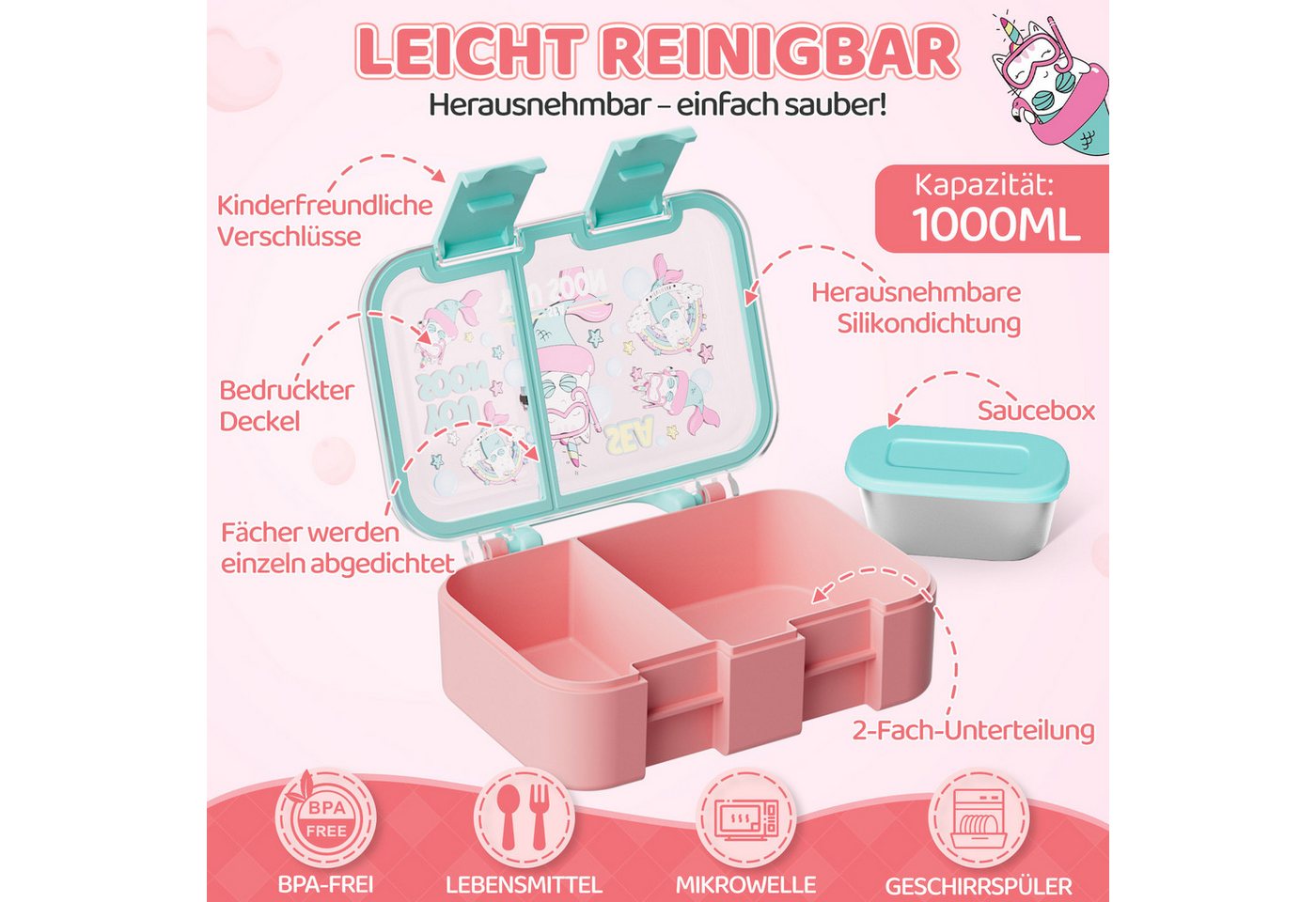 Bundviel Lunchbox Lunchbox Brotdose Kinder mit Fächern Auslaufsichere Bento-Box Brotdose, PP+ABS, (4-tlg., mit Saucenbehälter), spülmaschinenfest, kühlschrankge – Bild 3 von 5