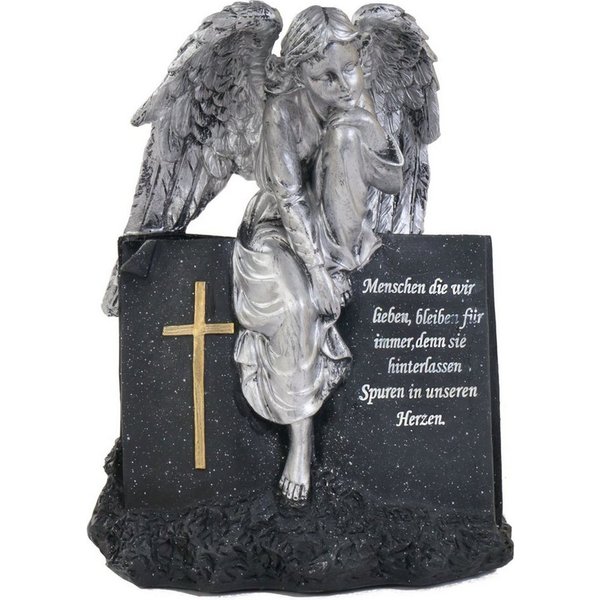 BURI Dekobaum Grab-Spruchstein Engel sitzend 28cm Grabschmuck Gedenkstein Grabdeko