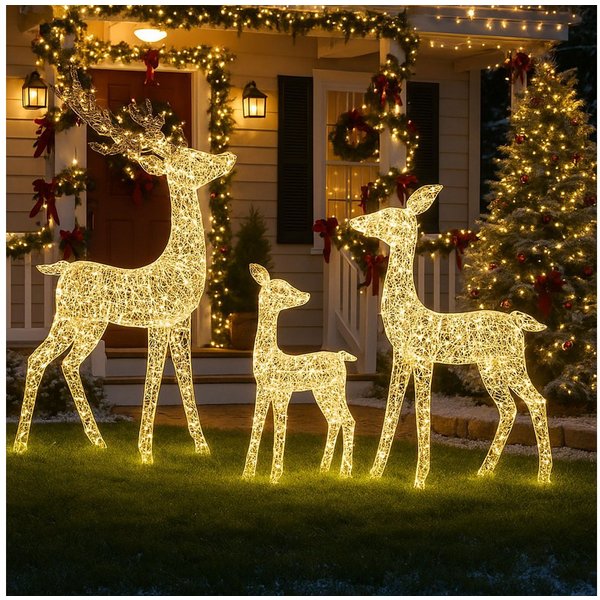 BURI Dekofigur 3er Set LED Rentiere 700 LEDs mit Timer Weihnachtsdeko Outdoor (Set, 3 St., Hirsch, Reh und Kitz), wetterfest IP44, Metall, inkl. 6 Erdnägel