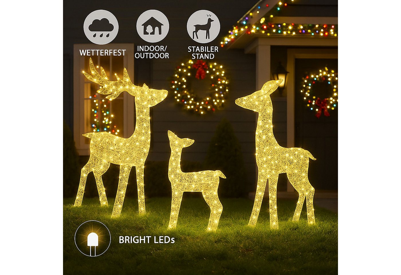BURI Dekofigur 3er Set LED Rentiere 700 LEDs mit Timer Weihnachtsdeko Outdoor (Set, 3 St., Hirsch, Reh und Kitz), wetterfest IP44, Metall, inkl. 6 Erdnägel – Bild 3 von 5