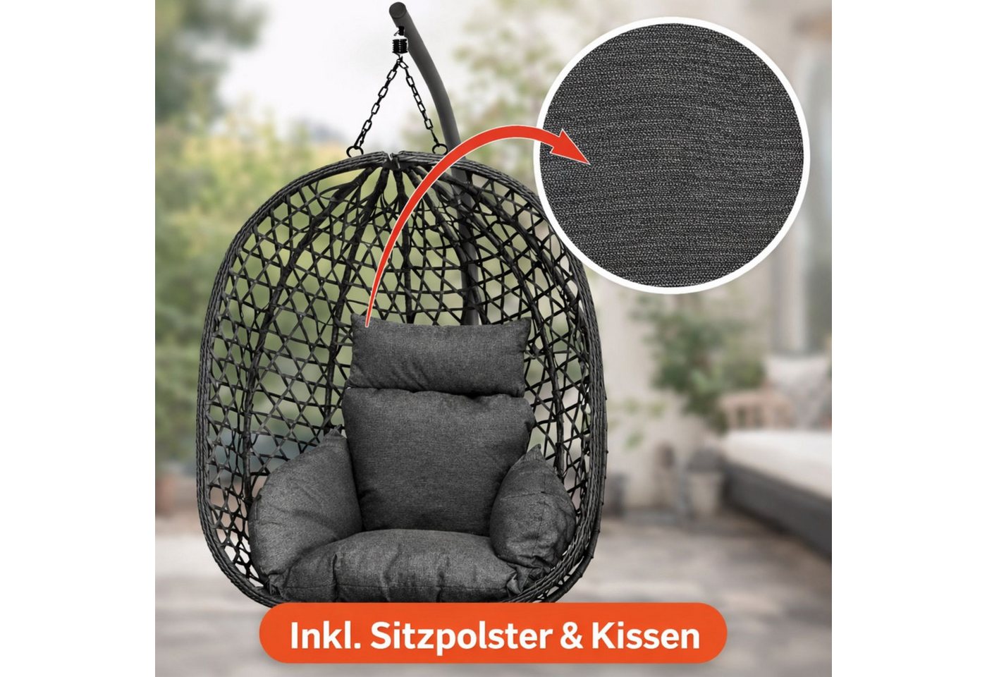 BURI Hängesessel Hängesessel Hängestuhl Anthrazit Hängeschaukel Indoor Outdoor + Kissen – Bild 2 von 5