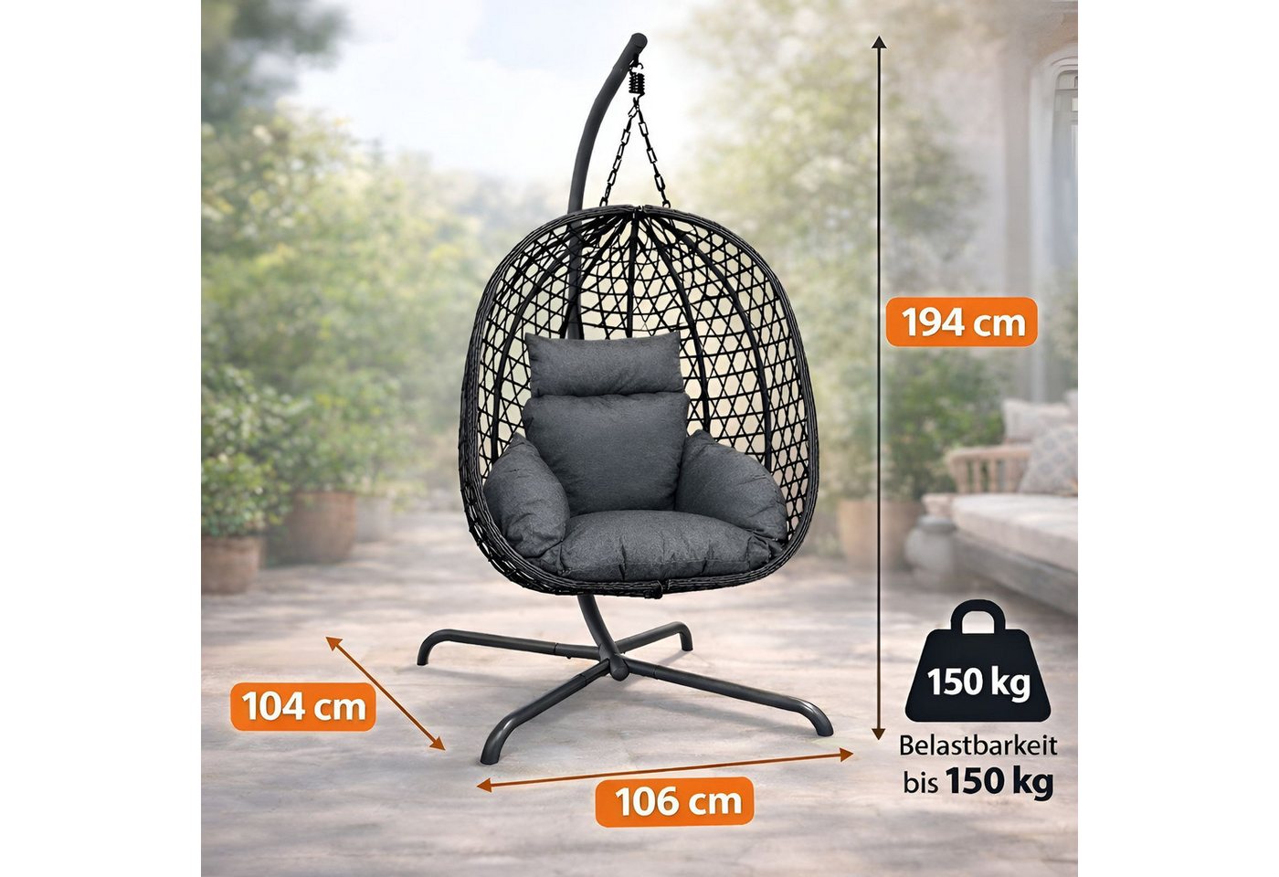 BURI Hängesessel Hängesessel Hängestuhl Anthrazit Hängeschaukel Indoor Outdoor + Kissen – Bild 3 von 5