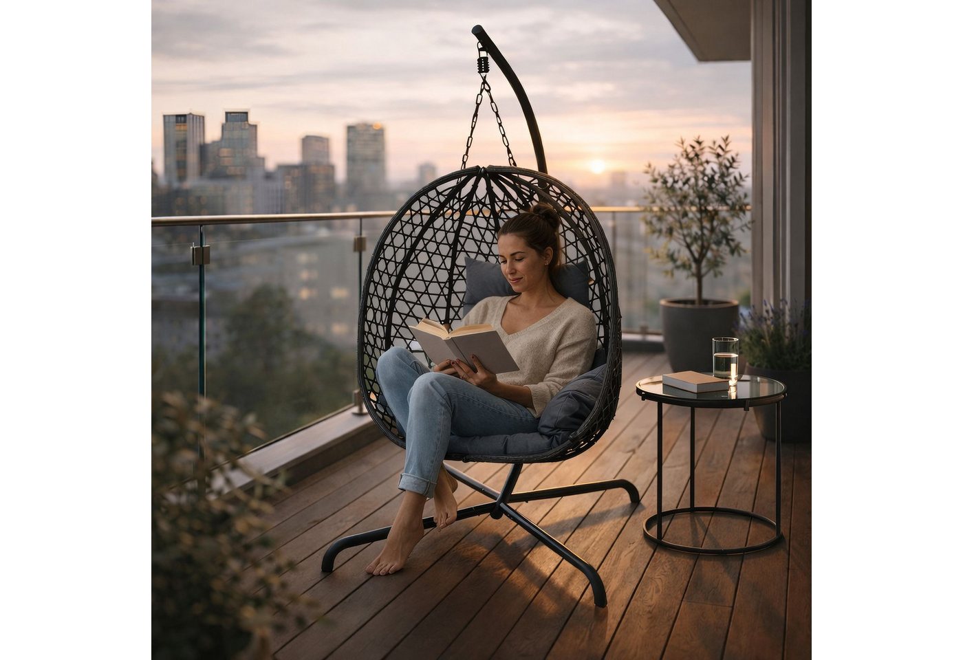 BURI Hängesessel Hängesessel Hängestuhl Anthrazit Hängeschaukel Indoor Outdoor + Kissen – Bild 5 von 5