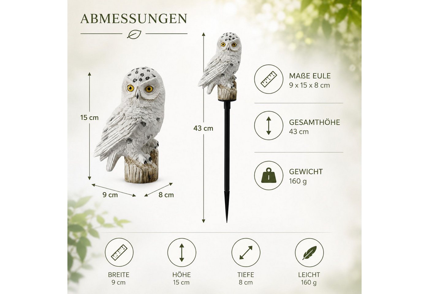 BURI Kugelleuchte Solar Eule Gartenleuchte 43cm LED Solarfigur Gartendeko Außenleuchte – Bild 2 von 5