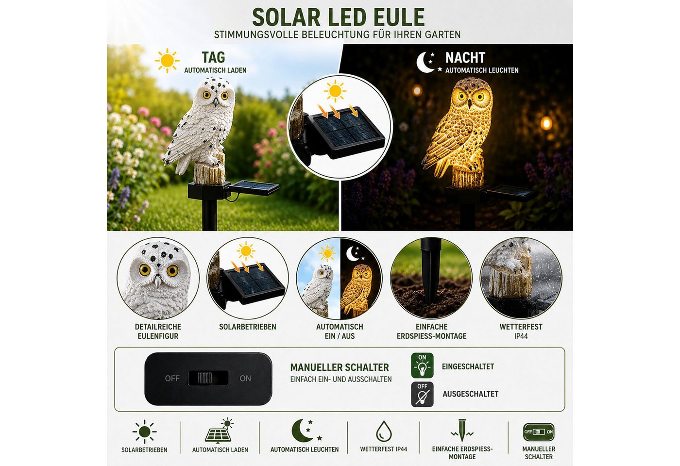 BURI Kugelleuchte Solar Eule Gartenleuchte 43cm LED Solarfigur Gartendeko Außenleuchte – Bild 3 von 5