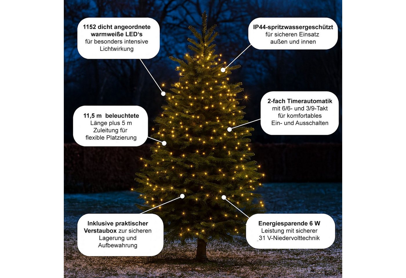 BURI Lichterkette LED Clusterlichterkette 11,5m warmweiß Büschellichterkette Weihnachten, 1152 LEDs, IP44, 2 Timerprogramme, 6 W – Bild 3 von 5