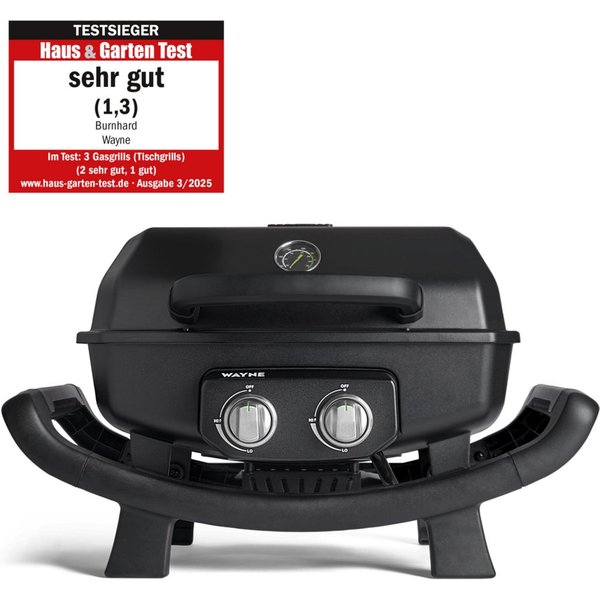 BURNHARD® Gasgrill 2-Brenner WAYNE 4,4 kW, Tragbarer Balkongrill, Tischklein mit Aludruckguss Brennkammer inkl. Abdeckhaube, Gusseisen Grillrost, #944219