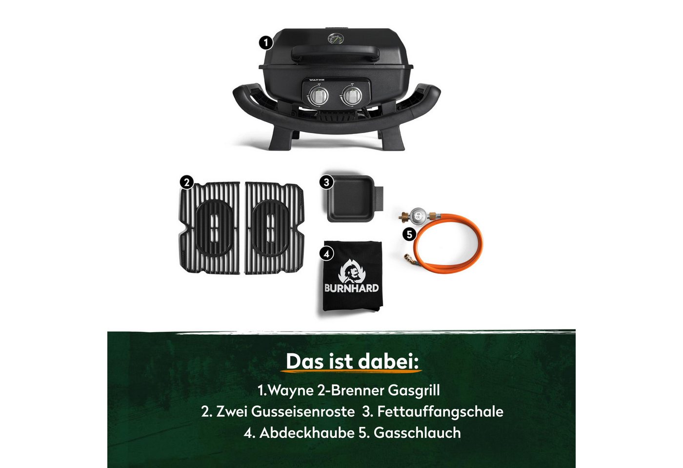 BURNHARD® Gasgrill 2-Brenner WAYNE 4,4 kW, Tragbarer Balkongrill, Tischklein mit Aludruckguss Brennkammer inkl. Abdeckhaube, Gusseisen Grillrost, #944219 – Bild 2 von 5