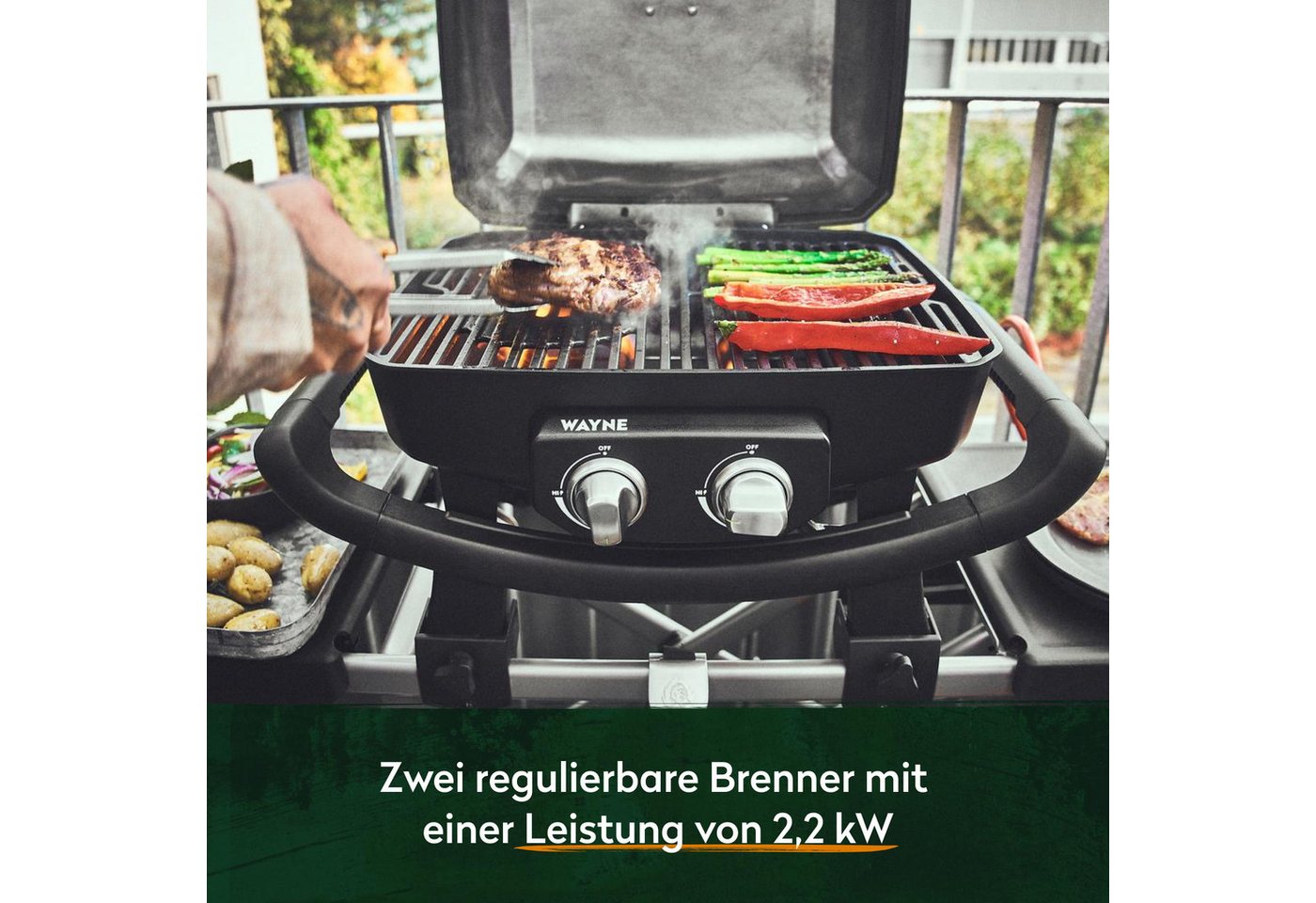 BURNHARD® Gasgrill 2-Brenner WAYNE 4,4 kW, Tragbarer Balkongrill, Tischklein mit Aludruckguss Brennkammer inkl. Abdeckhaube, Gusseisen Grillrost, #944219 – Bild 4 von 5