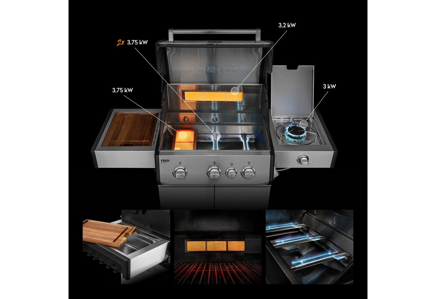 BURNHARD® Gasgrill 3-Brenner, 2x Edelstahl-Stabbrenner, 3,75 kW, Infrarot-Keramikbrenner, Infrarot-Keramikheckbrenner 3,2 kW, Seitenkochfeld, Gussrost, Piezo-Zü – Bild 2 von 5