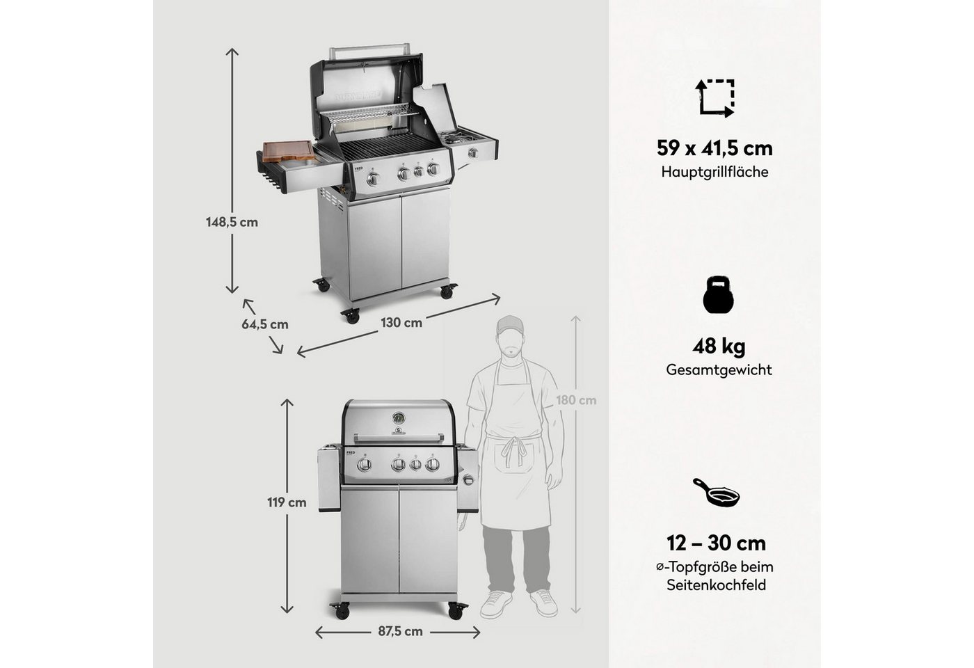 BURNHARD® Gasgrill 3-Brenner, 2x Edelstahl-Stabbrenner, 3,75 kW, Infrarot-Keramikbrenner, Infrarot-Keramikheckbrenner 3,2 kW, Seitenkochfeld, Gussrost, Piezo-Zü – Bild 3 von 5