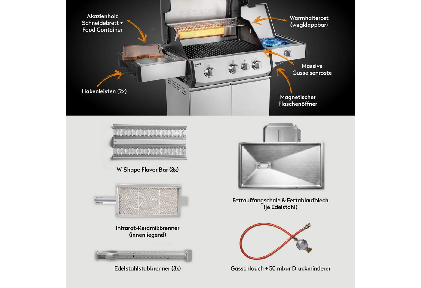 BURNHARD® Gasgrill 3-Brenner, 2x Edelstahl-Stabbrenner, 3,75 kW, Infrarot-Keramikbrenner, Infrarot-Keramikheckbrenner 3,2 kW, Seitenkochfeld, Gussrost, Piezo-Zü – Bild 5 von 5