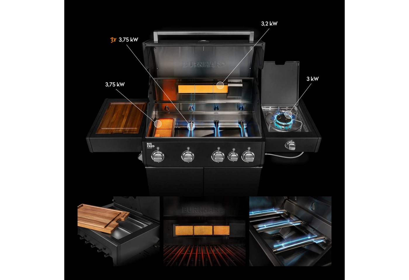BURNHARD® Gasgrill 4-Brenner, 21,2 kW Gesamtleistung, Infrarot-Keramikbrenner, Seitenkochfeld, Edelstahl-Stabbrenner, Edelstahlrost, große Grillfläche, Piezo-Zü – Bild 2 von 5