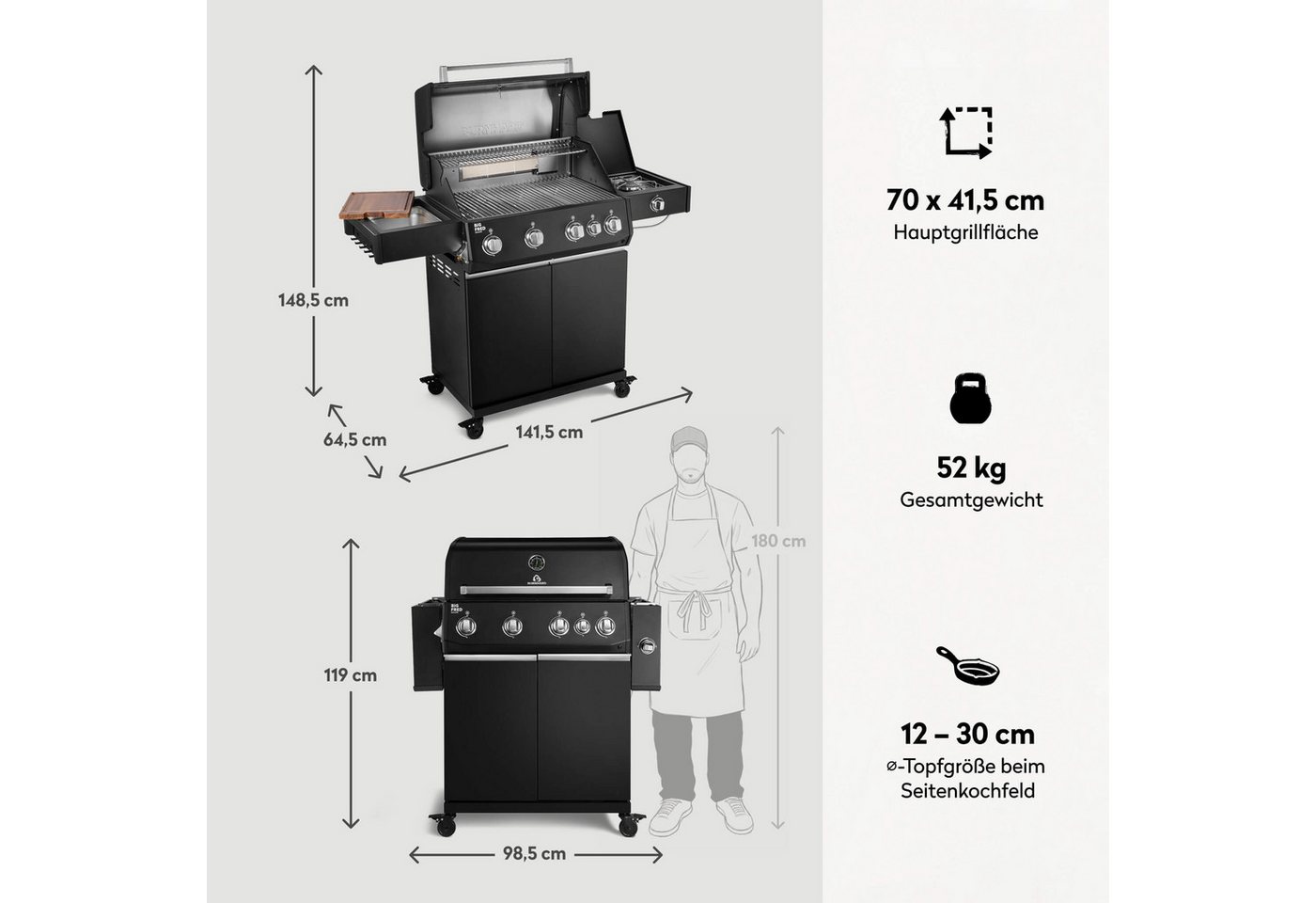 BURNHARD® Gasgrill 4-Brenner, 21,2 kW Gesamtleistung, Infrarot-Keramikbrenner, Seitenkochfeld, Edelstahl-Stabbrenner, Edelstahlrost, große Grillfläche, Piezo-Zü – Bild 3 von 5