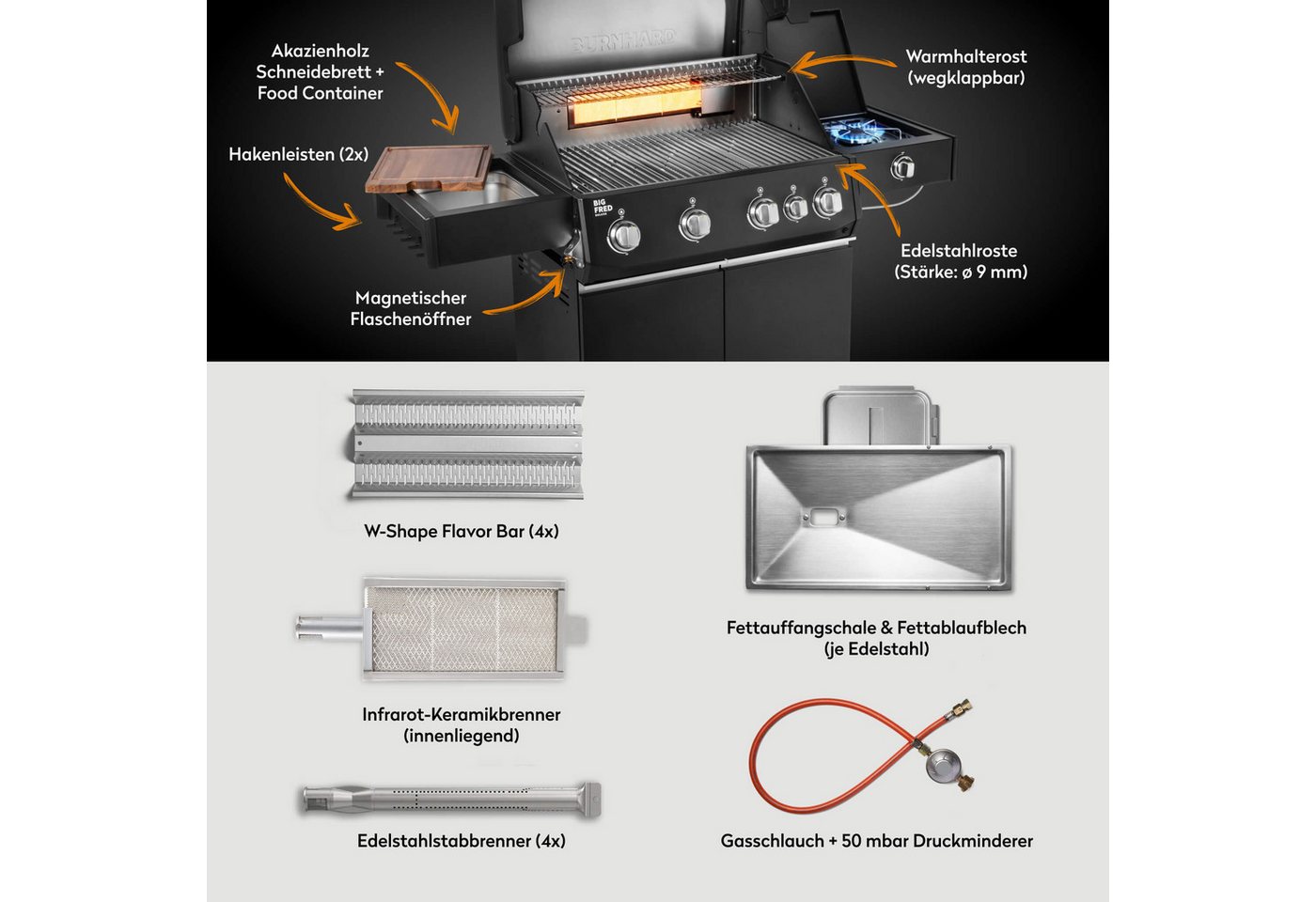 BURNHARD® Gasgrill 4-Brenner, 21,2 kW Gesamtleistung, Infrarot-Keramikbrenner, Seitenkochfeld, Edelstahl-Stabbrenner, Edelstahlrost, große Grillfläche, Piezo-Zü – Bild 5 von 5