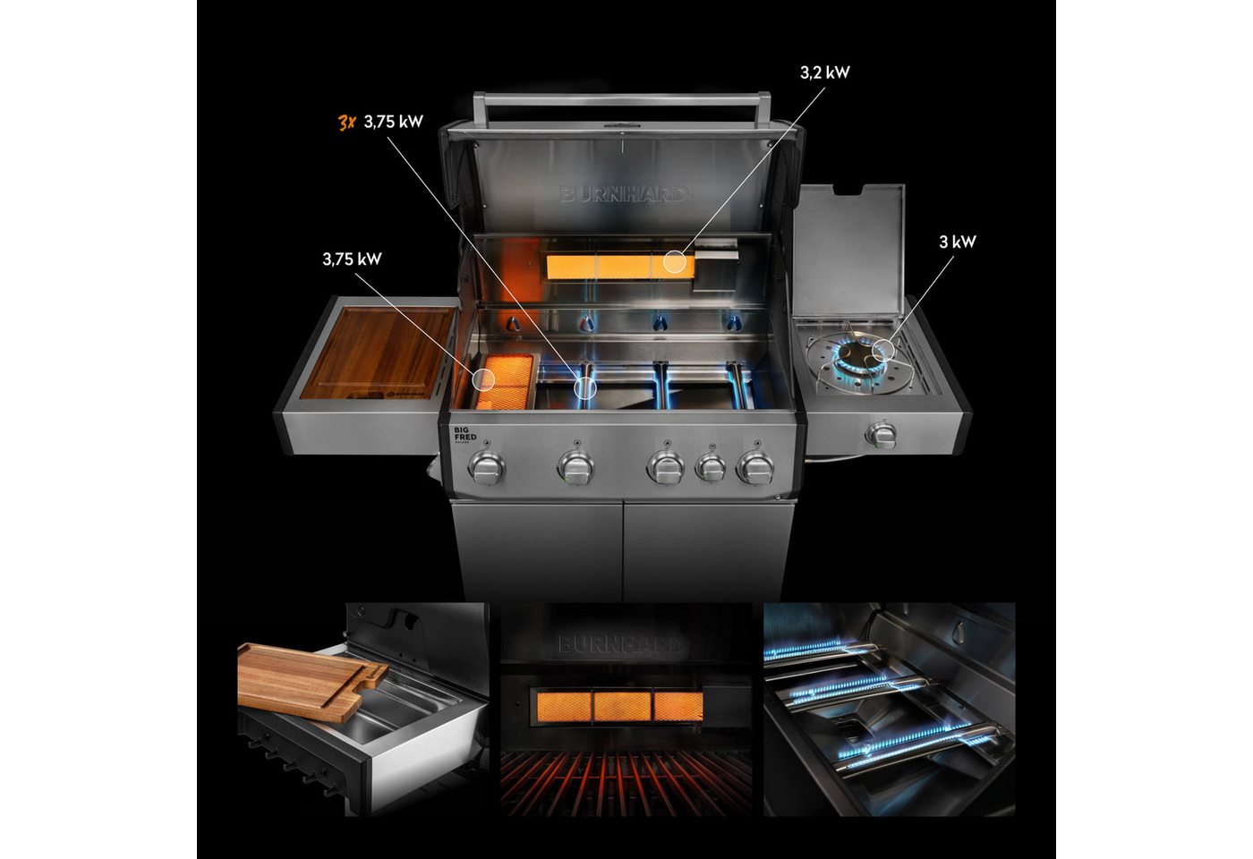 BURNHARD® Gasgrill 4-Brenner, 21,2 kW Gesamtleistung, Infrarot-Keramikbrenner, Seitenkochfeld, Edelstahl, Edelstahlrost, große Grillfläche, Piezo-Zündung – Big  – Bild 2 von 5