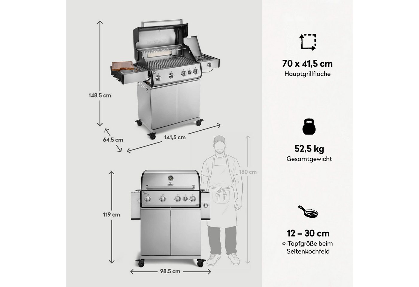 BURNHARD® Gasgrill 4-Brenner, 21,2 kW Gesamtleistung, Infrarot-Keramikbrenner, Seitenkochfeld, Edelstahl, Edelstahlrost, große Grillfläche, Piezo-Zündung – Big  – Bild 3 von 5