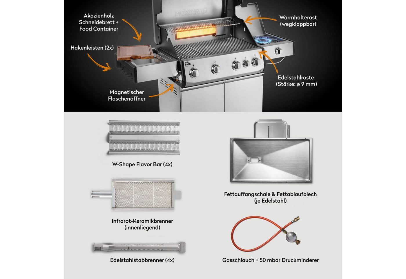 BURNHARD® Gasgrill 4-Brenner, 21,2 kW Gesamtleistung, Infrarot-Keramikbrenner, Seitenkochfeld, Edelstahl, Edelstahlrost, große Grillfläche, Piezo-Zündung – Big  – Bild 5 von 5