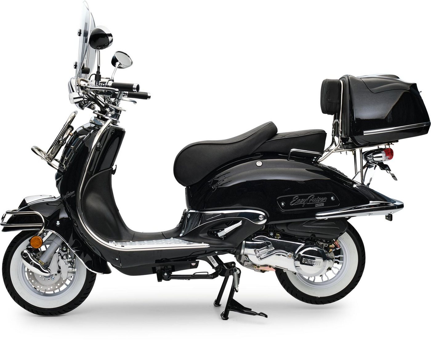 Burnout Motorroller 125cc EasyCruiser Retro Schwarz, 125 ccm, 85 km/h, Euro 5+, (Chrom-Paket, inkl. Topcase Windschild USB LED digitales Cockpit), Zweisitzer – Bild 2 von 5